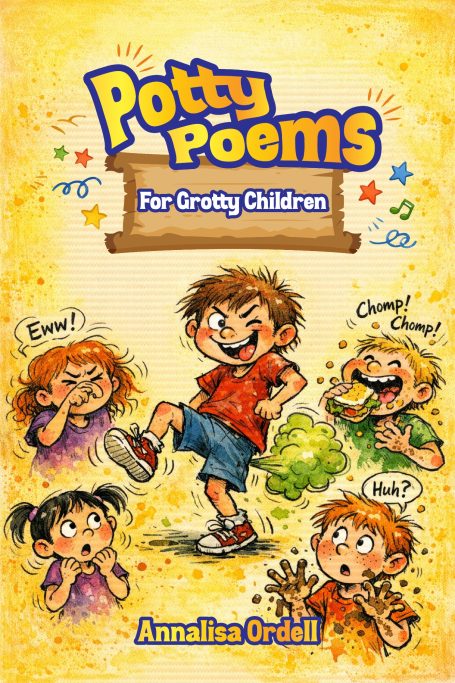 A book cover reading Potty Poems For Grotty Children.  In the centre a boy is farting green gas while the children around him are all grubby