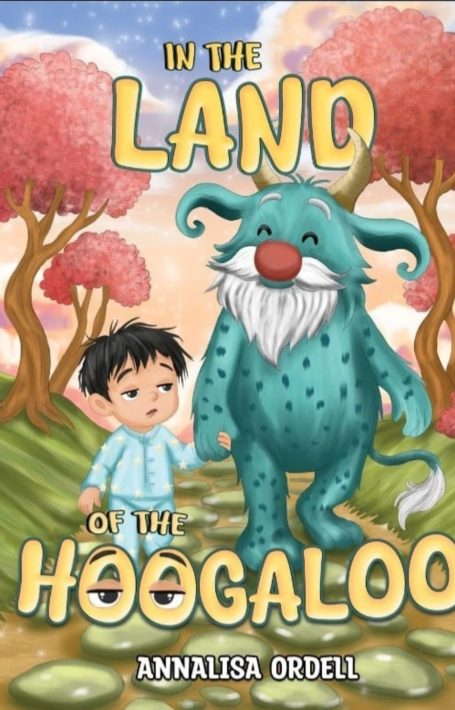 A book cover with a turquoise creature holding the hand of a small boy. The cover text is In The Land Of The Hoogaloo